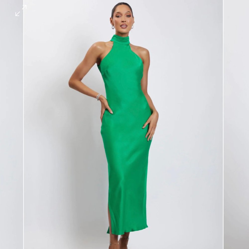 Meshki Gown - Claire Satin Drape Back Maxi Dress With Split - Green